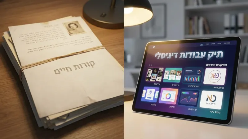צד שמאל: ערימת מסמכי קורות חיים ישנים מנייר קשורים בגומייה. צד ימין: טאבלט המציג תיק עבודות דיגיטלי מודרני בעברית.