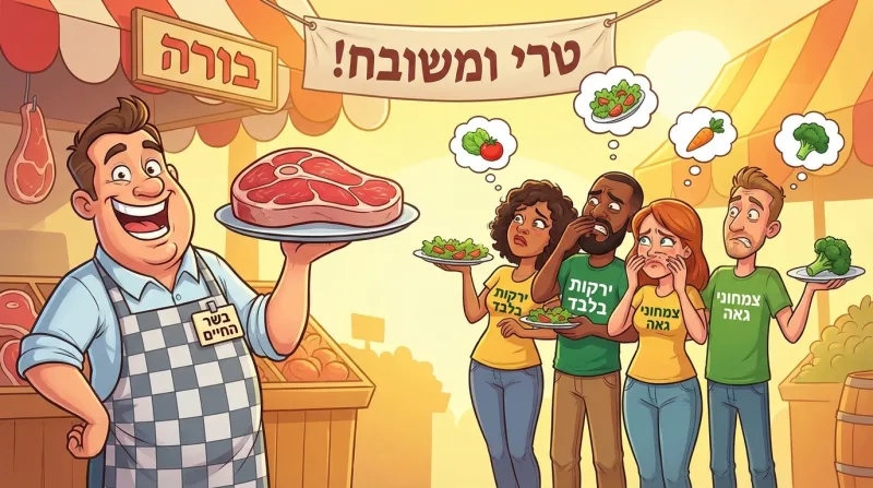 איור קומי של קצב מחייך המציע סטייק גדול לקבוצת צמחונים נגעלים בשוק, עם כיתובים בעברית.