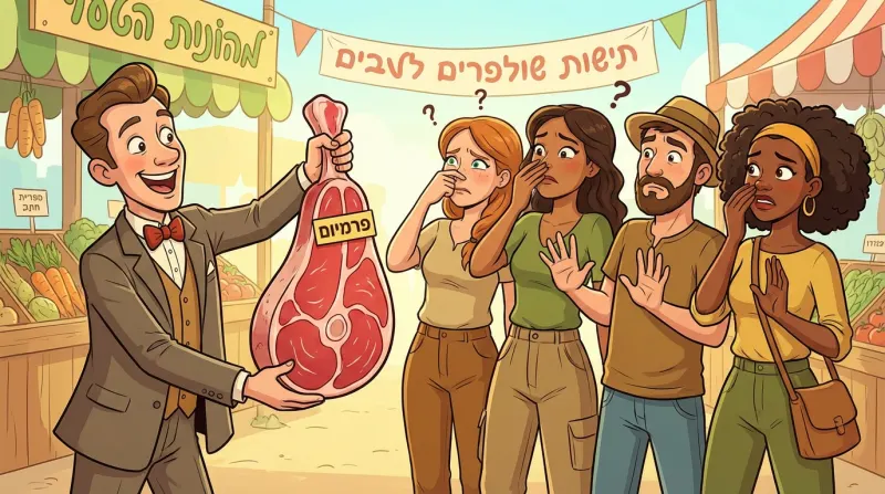 קריקטורה בשוק: מוכר בשר נלהב בחליפה מציע נתח בשר ענק עם תווית "פרימיום" לקבוצת אנשים המביעים גועל, סותמים את האף ומסרבים.