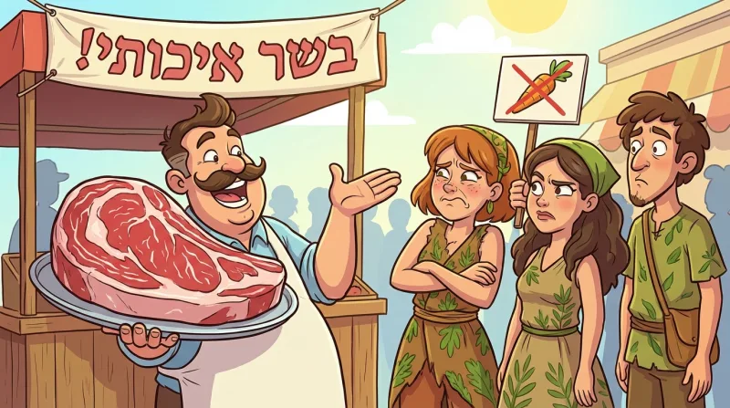 איור קריקטורה של קצב מחזיק נתח בשר ענק בדוכן שוק עם שלט "בשר איכותי!", מול שלוש דמויות טבעוניות המביעות גועל.