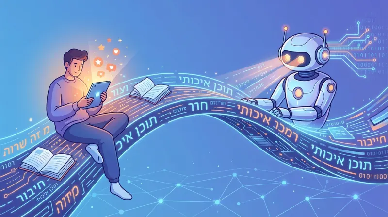 אילוסטרציה של אדם עם טאבלט ורובוט בינה מלאכותית, המחוברים על ידי זרם נתונים הכולל מילים בעברית כמו 'תוכן איכותי' ו'חיבור'.