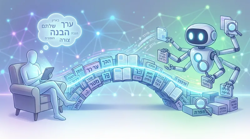 איור הממחיש תהליך אוטומטי של מחקר ואיסוף נתונים, בו אדם מעביר מידע גולמי לרובוט בינה מלאכותית המעבד ומארגן אותו למסמכים וספרים מסודרים.