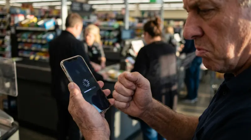 גבר מבוגר ומתוסכל ממתין בקופת הסופרמרקט כשהטלפון שלו נתקע על סמל טעינה.