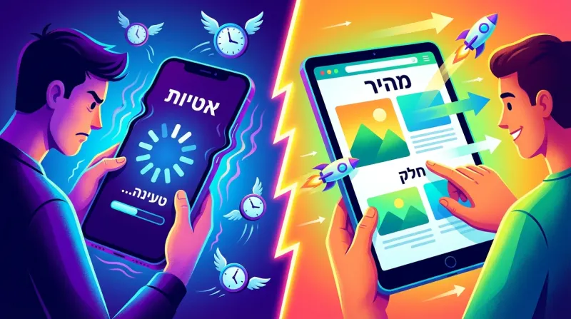 השוואה חזותית בין אתר איטי (שמאל) לאתר מהיר (ימין) על גבי מכשירים ניידים