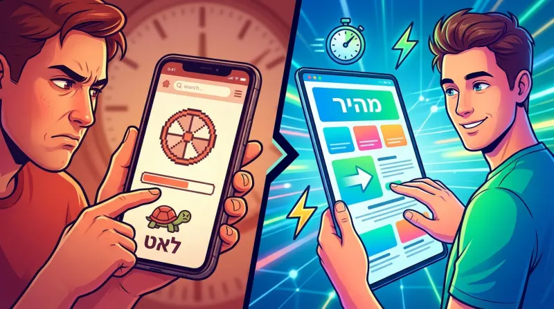 השוואה בין אתר איטי בטלפון עם צב וטקסט "לאט", לאתר מהיר בטאבלט עם טקסט "מהיר". המשתמש משמאל מתוסכל, והמשתמש מימין מרוצה.