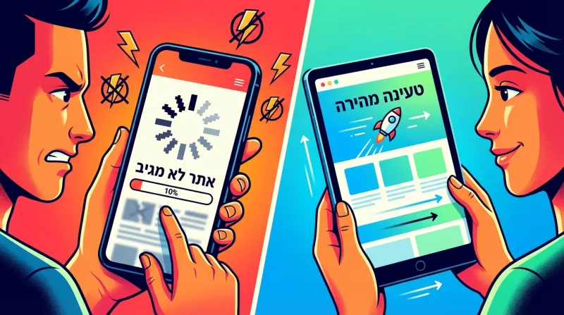אילוסטרציה המשווה בין משתמש מתוסכל הממתין לאתר איטי ("אתר לא מגיב") לבין משתמשת מרוצה מאתר בעל טעינה מהירה