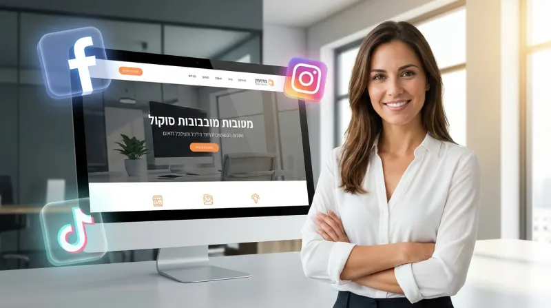 אשת מקצוע דיגיטלית חייכנית עומדת לצד מסך מחשב המציג אתר אינטרנט של סוכנות דיגיטל, מוקפת בסמלי מדיה חברתית צפים (פייסבוק, אינסטגרם, טיקטוק).