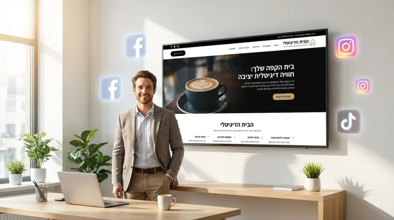 איש עסקים במשרד מציג נוכחות דיגיטלית של בית קפה על מסך גדול, עם סמלי פייסבוק, אינסטגרם וטיקטוק מרחפים.