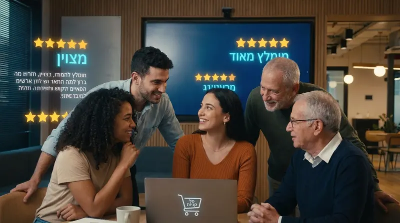 קבוצת אנשים מגוונת מחייכת ומתבוננת במסך מחשב המציג דירוגי חמישה כוכבים וביקורות חיוביות בעברית, עם אייקון עגלת קניות.