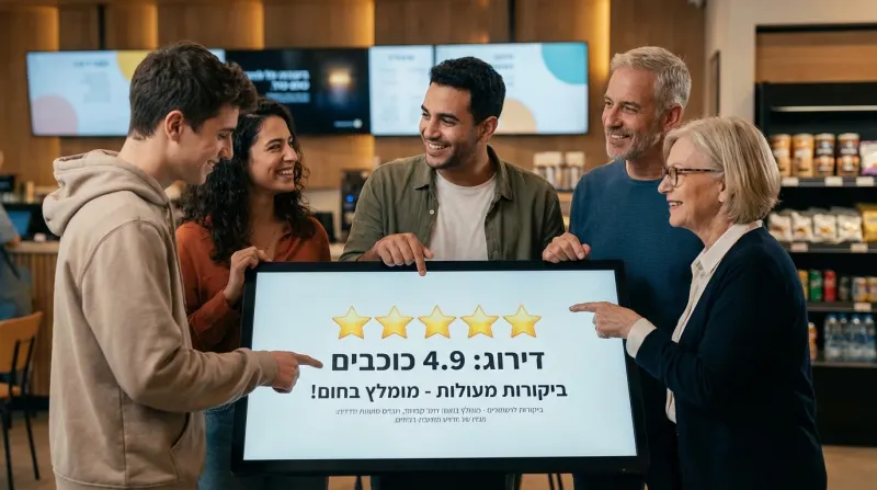 קבוצת לקוחות מגוונת מצביעה על מסך דיגיטלי המציג דירוג 4.9 כוכבים וביקורות חיוביות בבית עסק.