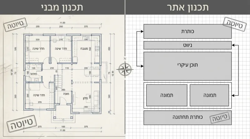 השוואה חזותית בין תכנון מבני של בית (שרטוט אדריכלי) בצד ימין לבין תכנון מבנה אתר אינטרנט (ויירפריים) בצד שמאל, תחת הכותרות 'תכנון מבני' ו-'תכנון אתר'.