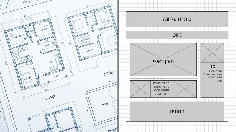שרטוטים אדריכליים (בלופרינט) של תוכנית בית מגורים לצד תרשים מבנה (Wireframe) של פריסת עמוד אתר אינטרנט בעברית.