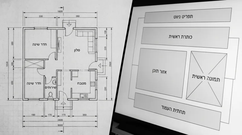 שילוב של תוכנית אדריכלית לדירת מגורים וסקיצת פריסת דף אינטרנט על גבי מסך, המדגים את הקשר בין תכנון פיזי לדיגיטלי.