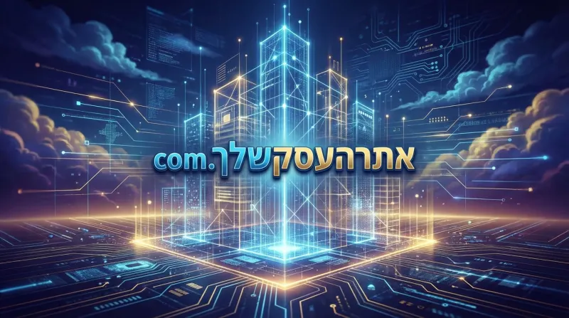 הדמיה דיגיטלית של עיר עתידנית עם הכיתוב 'אתר העסק שלך .com', המייצגת חדשנות עסקית.
