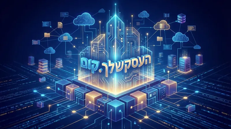 אילוסטרציה דיגיטלית עתידנית המציגה את הכיתוב "העסק שלך.קום" במרכז עיר חכמה הזוהרת על גבי שבב מחשב, מוקפת באייקונים של מחשוב ענן, שרתים ורשתות תקשורת.