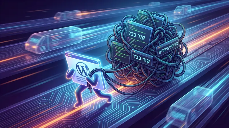 דמות וורדפרס סוחבת כדור ענק של קוד כבד וסקריפטים מיותרים על כביש דיגיטלי מהיר