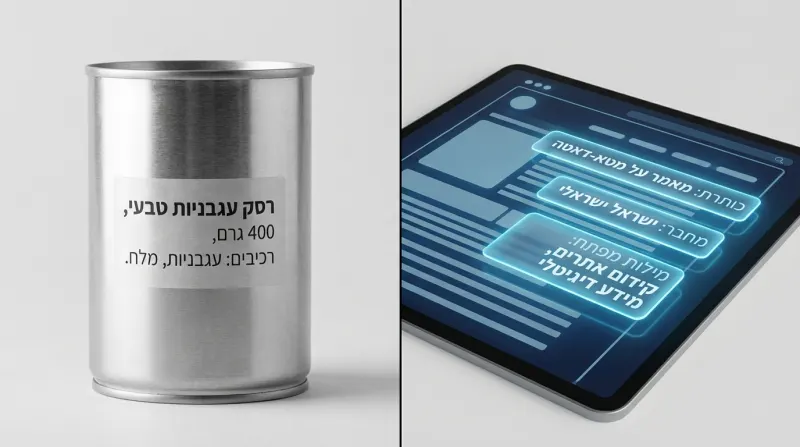 איור השוואתי המסביר את מושג המטא-דאטה. בצד שמאל, קופסת שימורים עם תווית מידע על רסק עגבניות. בצד ימין, טאבלט המציג שדות מטא-דאטה דיגיטליים כמו כותרת, מחבר ומילות מפתח למאמר.