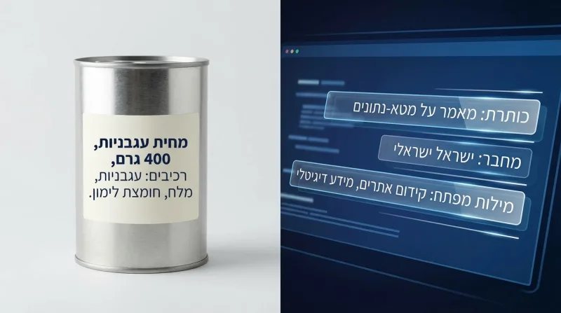 השוואה חזותית בין תווית מידע על קופסת שימורים של מחית עגבניות לבין קוד מטא-נתונים דיגיטלי של מאמר אינטרנט.