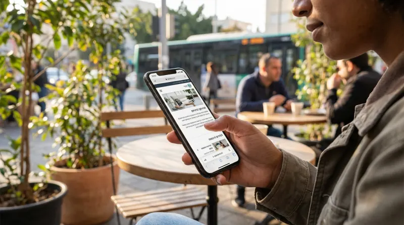 אישה יושבת בבית קפה חיצוני וגולשת באתר המותאם לנייד של קופת חולים מאוחדת בסמארטפון שלה.