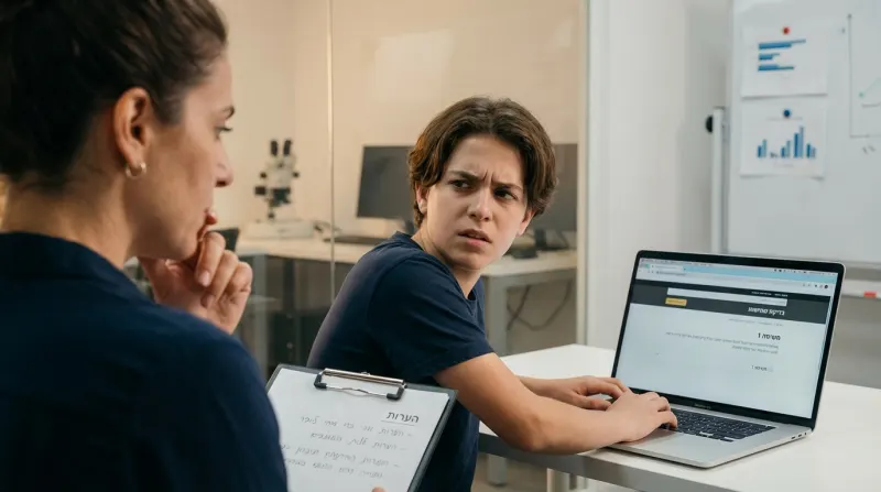 אישה עם לוח כתיבה מביטה בנער סקפטי המשתמש במחשב נייד במהלך פגישת הערכה או למידה.