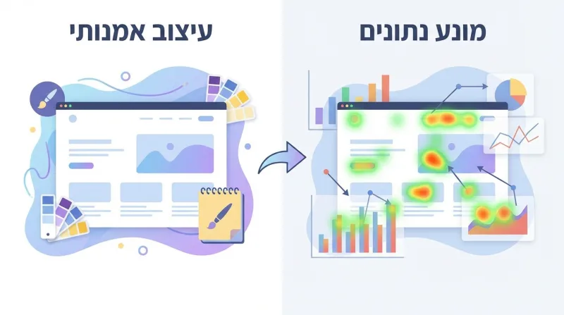 אינפוגרפיקה המשווה בין עיצוב אתר אמנותי (Artistic Design) בצד שמאל לבין עיצוב מונחה נתונים (Data-Driven) בצד ימין, הכולל מפות חום וגרפים אנליטיים.