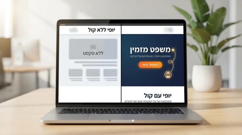 לפטופ המציג השוואה בין עיצוב אתר 'יופי ללא קול' ללא טקסט, לעומת עיצוב 'משפט מזמין' הכולל כפתור 'להתקשר עכשיו' והנעה לפעולה.