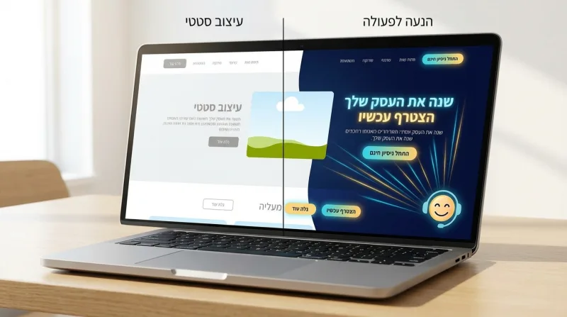 מסך מחשב נייד המציג השוואה מפוצלת בין עיצוב אתר סטטי (משמאל) לבין עיצוב אתר דינמי הממוקד בהנעה לפעולה (מימין).