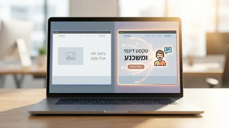 השוואה ויזואלית על מסך מחשב נייד בין דף אינטרנט בעל עיצוב סטטי ושקט לבין דף אינטרנט הכולל טקסט דינמי, משכנע ואלמנטים אינטראקטיביים.