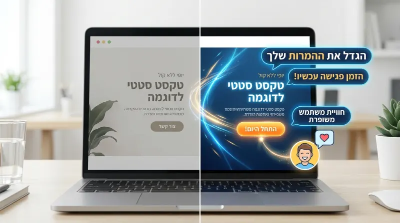 השוואת לפני ואחרי של עיצוב אתר אינטרנט על מסך מחשב נייד: צד שמאל מציג עיצוב סטטי ופשוט, בעוד צד ימין מציג עיצוב דינמי, זוהר ומושך עם קריאות לפעולה להגדלת המרות ושיפור חווית משתמש