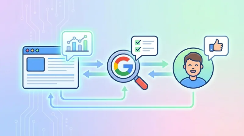 איור הממחיש את תהליך קידום האתרים (SEO), הכולל ניתוח נתונים באתר, סריקה על ידי גוגל, וחווית משתמש חיובית.