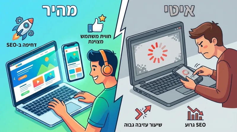 השוואה חזותית בין אתר מהיר עם חווית משתמש טובה ו-SEO חיובי, לבין אתר איטי עם חווית משתמש גרועה, שיעור עזיבה גבוה ו-SEO שלילי.