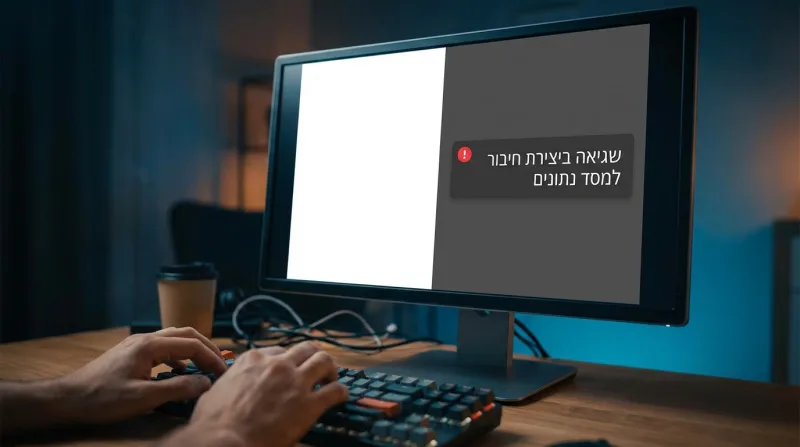 מסך מחשב המציג את הודעת השגיאה "שגיאה ביצירת חיבור למסד נתונים"
